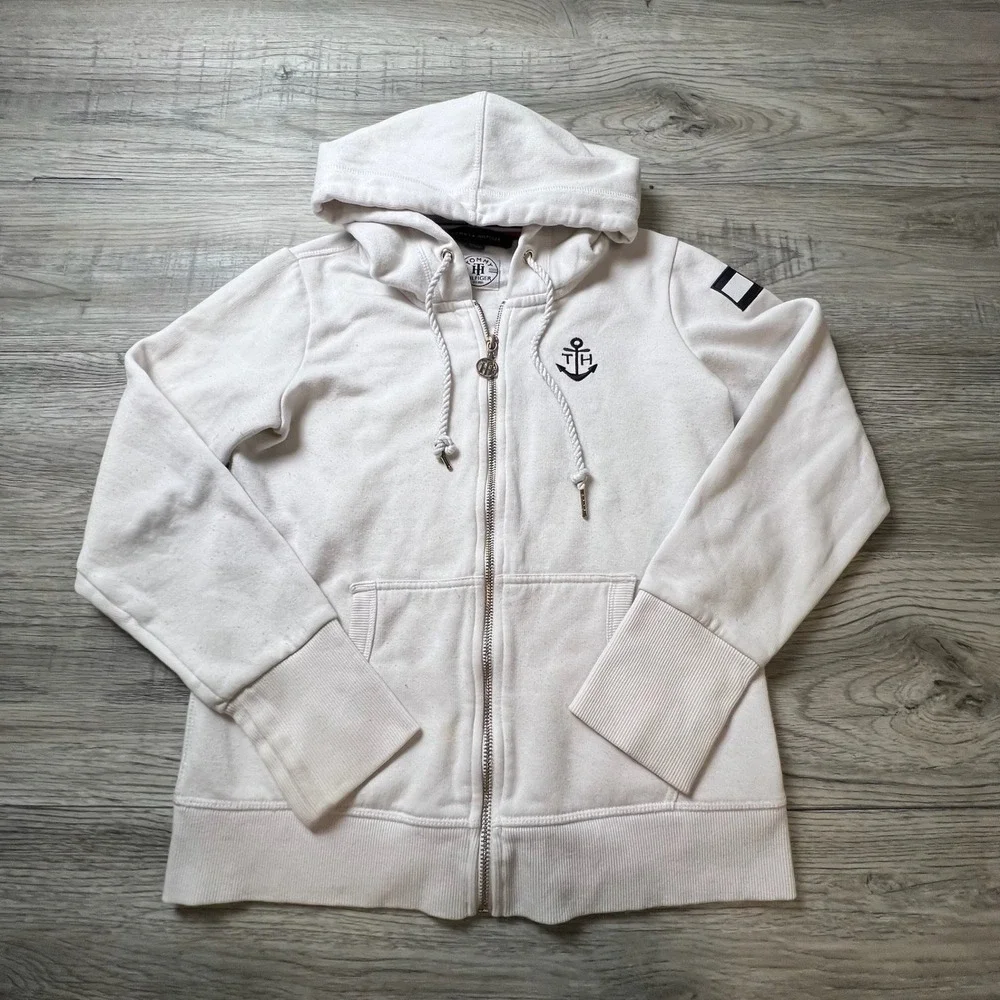 Tommy Hilfiger Zip Up Hoodie‎ Womens XS White Anchor Nautical Logo Sweatshirt